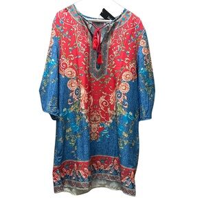 Bohemian Floral Print Dress - Red and Blue